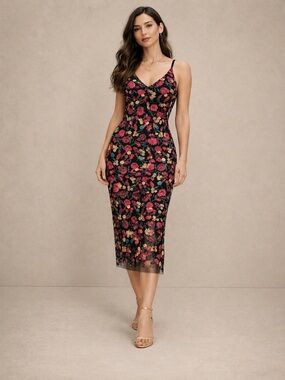 NWT Dress the Population Embroidered Lace Midi Dress-Wedding Guest Size S